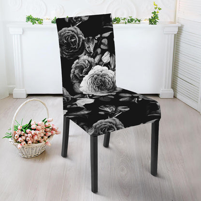 Black White Rose Floral Pattern Print Dining Chair Slipcover