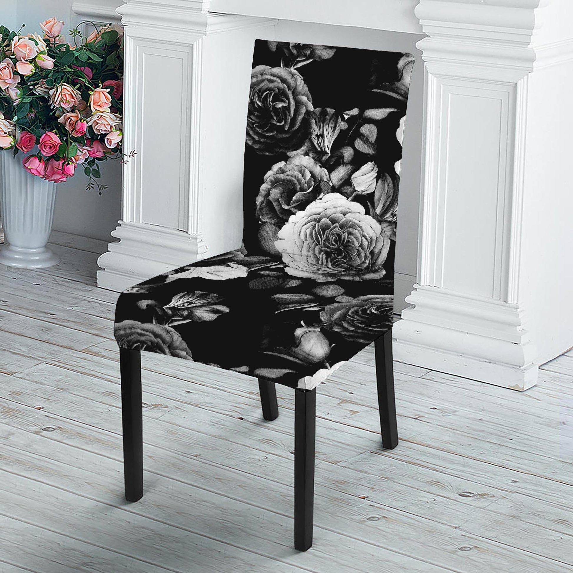 Black White Rose Floral Pattern Print Dining Chair Slipcover