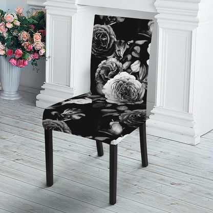 Black White Rose Floral Pattern Print Dining Chair Slipcover