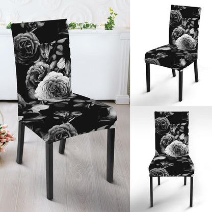 Black White Rose Floral Pattern Print Dining Chair Slipcover