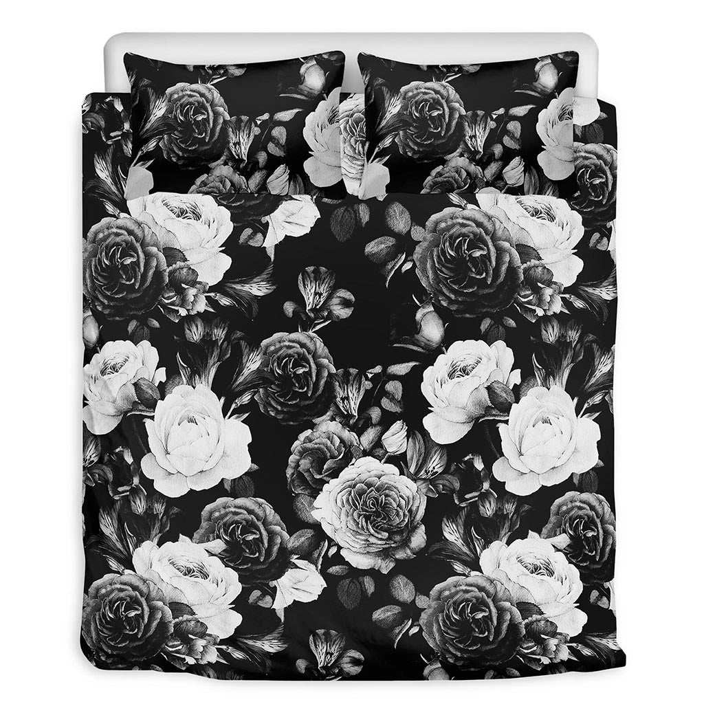 Black White Rose Floral Pattern Print Duvet Cover Bedding Set