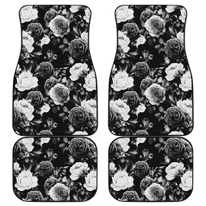 Black White Rose Floral Pattern Print Front and Back Car Floor Mats