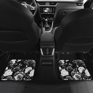 Black White Rose Floral Pattern Print Front and Back Car Floor Mats