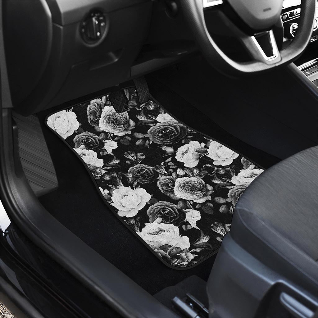 Black White Rose Floral Pattern Print Front and Back Car Floor Mats