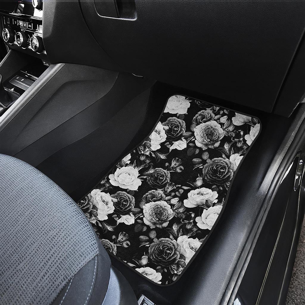 Black White Rose Floral Pattern Print Front and Back Car Floor Mats