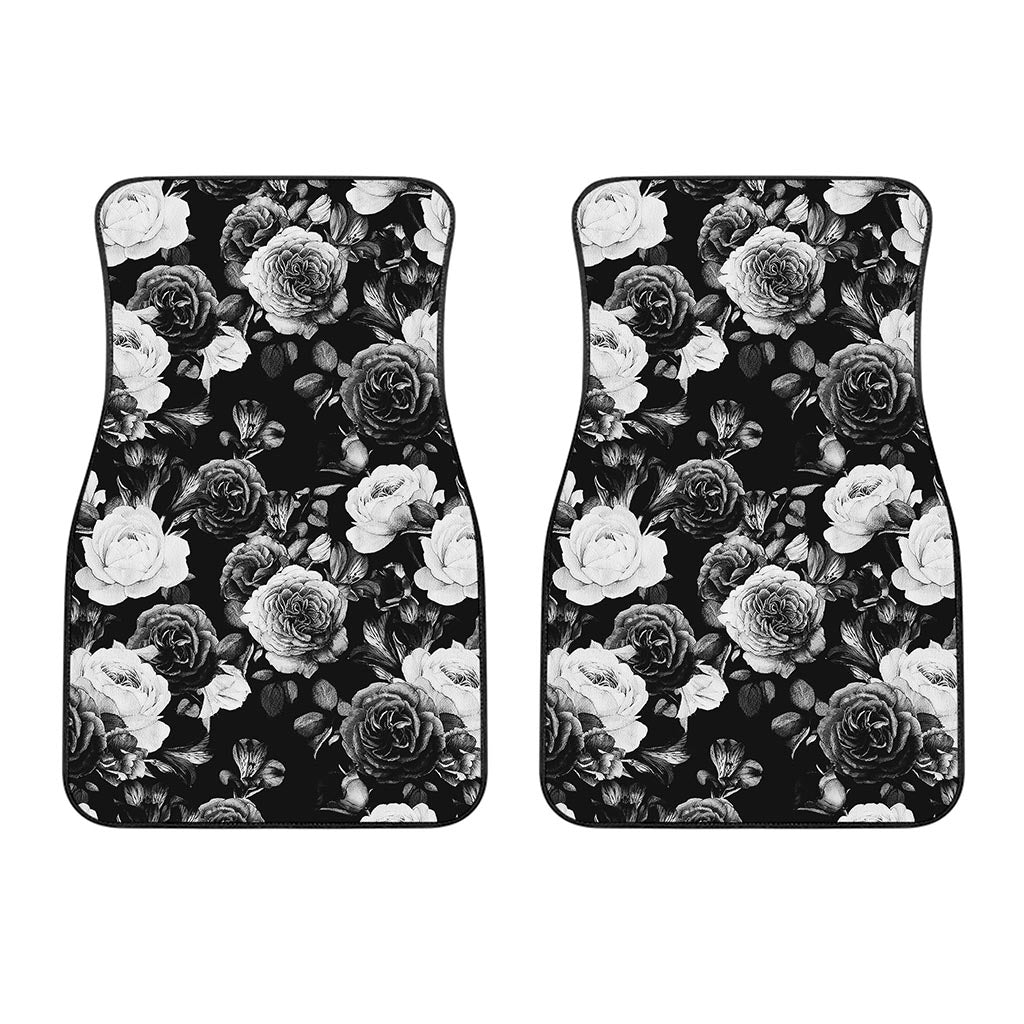 Black White Rose Floral Pattern Print Front Car Floor Mats