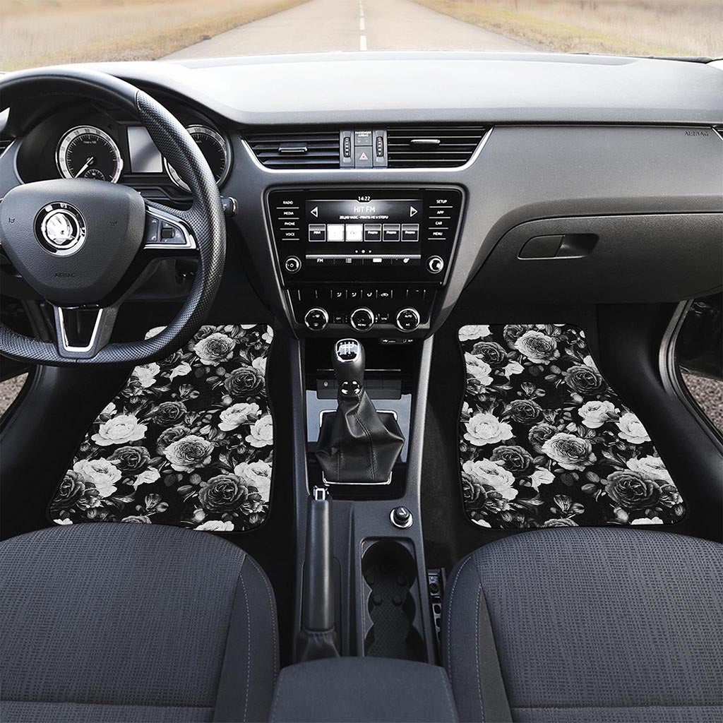 Black White Rose Floral Pattern Print Front Car Floor Mats