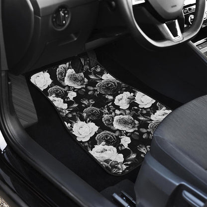 Black White Rose Floral Pattern Print Front Car Floor Mats