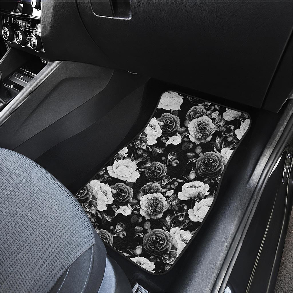 Black White Rose Floral Pattern Print Front Car Floor Mats