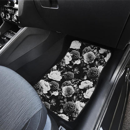 Black White Rose Floral Pattern Print Front Car Floor Mats