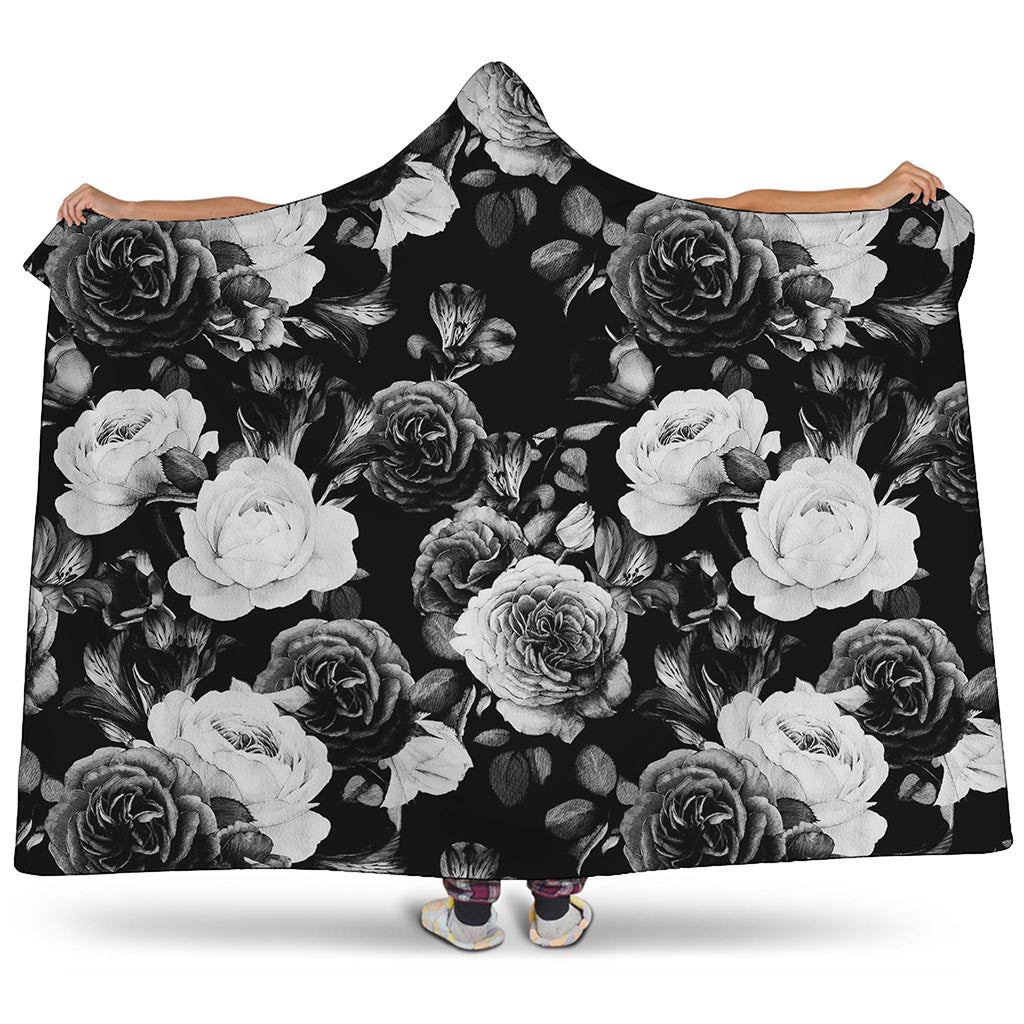 Black White Rose Floral Pattern Print Hooded Blanket
