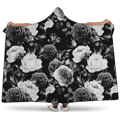 Black White Rose Floral Pattern Print Hooded Blanket