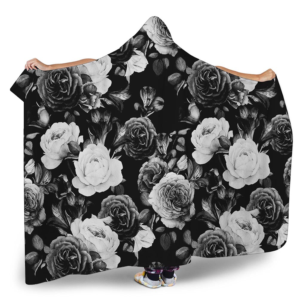 Black White Rose Floral Pattern Print Hooded Blanket