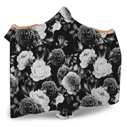 Black White Rose Floral Pattern Print Hooded Blanket