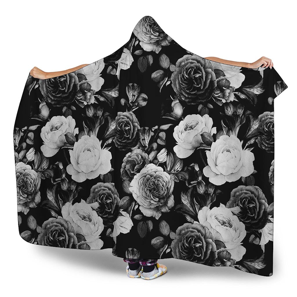Black White Rose Floral Pattern Print Hooded Blanket