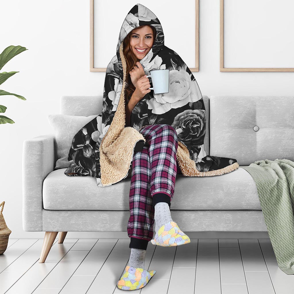 Black White Rose Floral Pattern Print Hooded Blanket