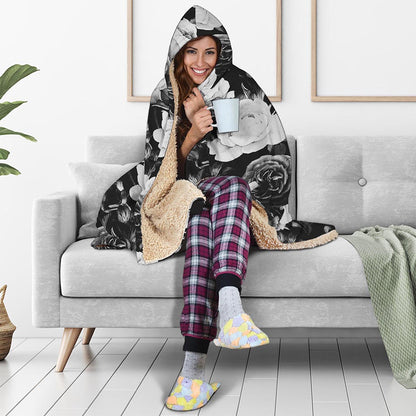 Black White Rose Floral Pattern Print Hooded Blanket