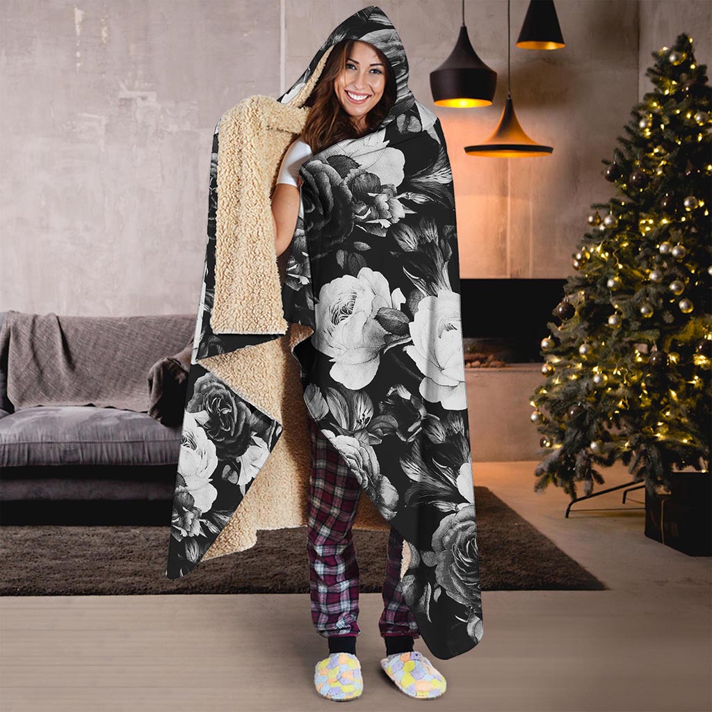 Black White Rose Floral Pattern Print Hooded Blanket
