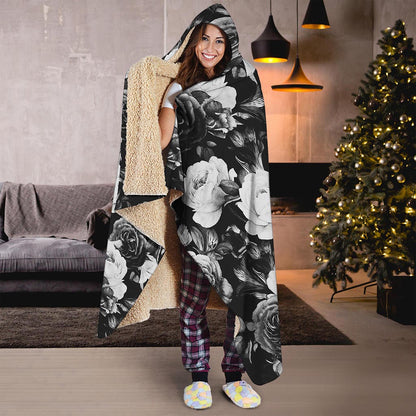 Black White Rose Floral Pattern Print Hooded Blanket