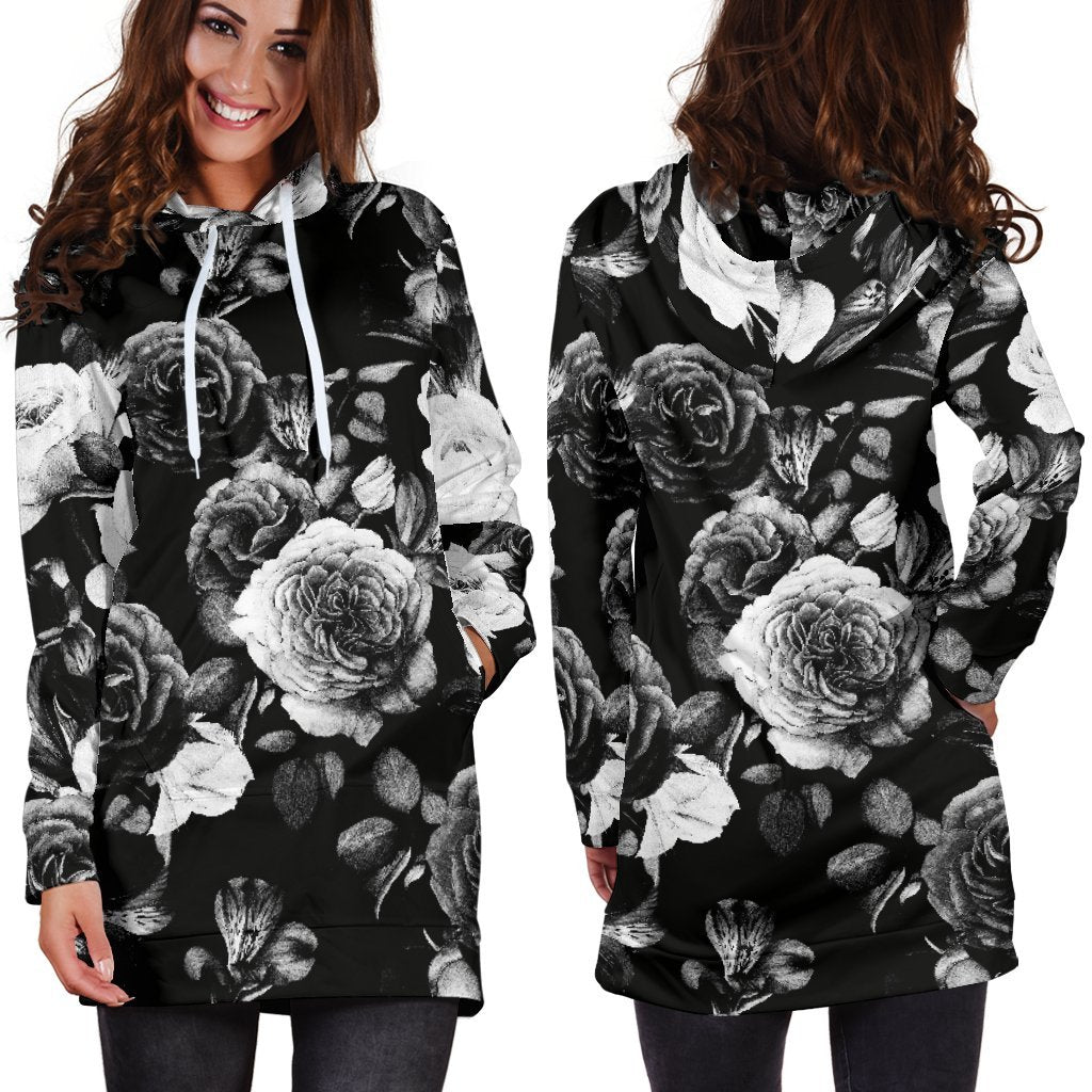 Black White Rose Floral Pattern Print Hoodie Dress GearFrost