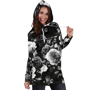 Black White Rose Floral Pattern Print Hoodie Dress GearFrost