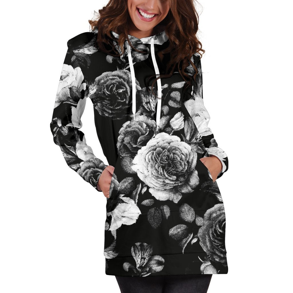 Black White Rose Floral Pattern Print Hoodie Dress GearFrost