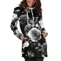 Black White Rose Floral Pattern Print Pullover Hoodie Dress