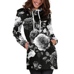 Black White Rose Floral Pattern Print Hoodie Dress GearFrost