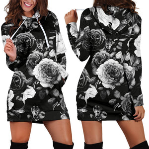 Black White Rose Floral Pattern Print Hoodie Dress GearFrost