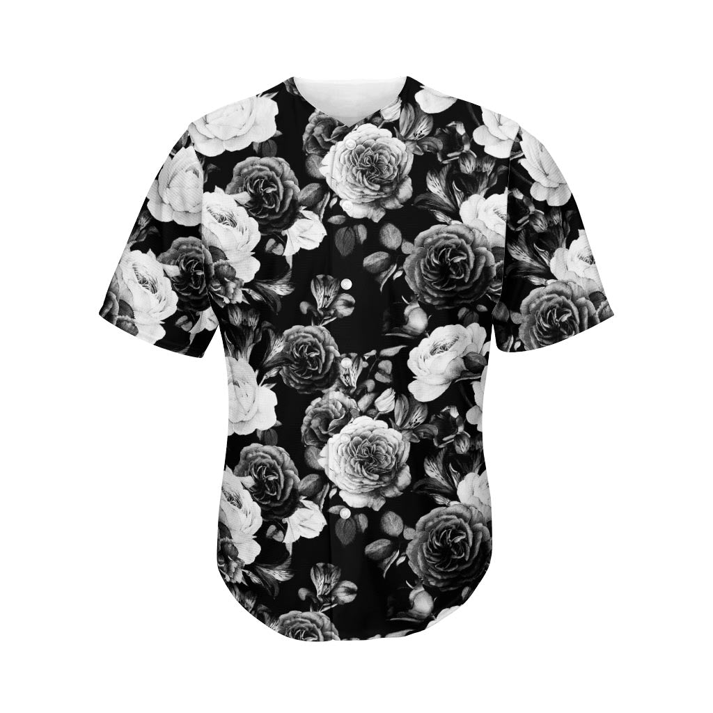 Black White Rose Floral Pattern Print Men's Baseball Jersey