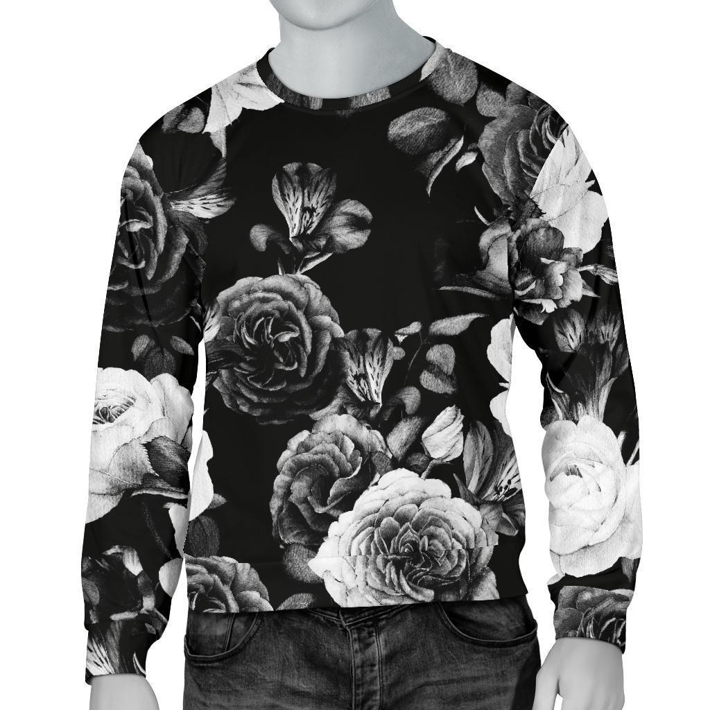 Black White Rose Floral Pattern Print Men's Crewneck Sweatshirt GearFrost
