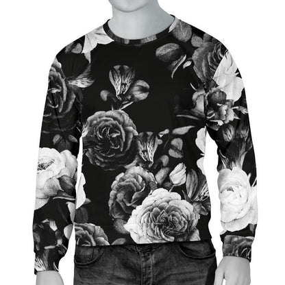 Black White Rose Floral Pattern Print Men's Crewneck Sweatshirt GearFrost