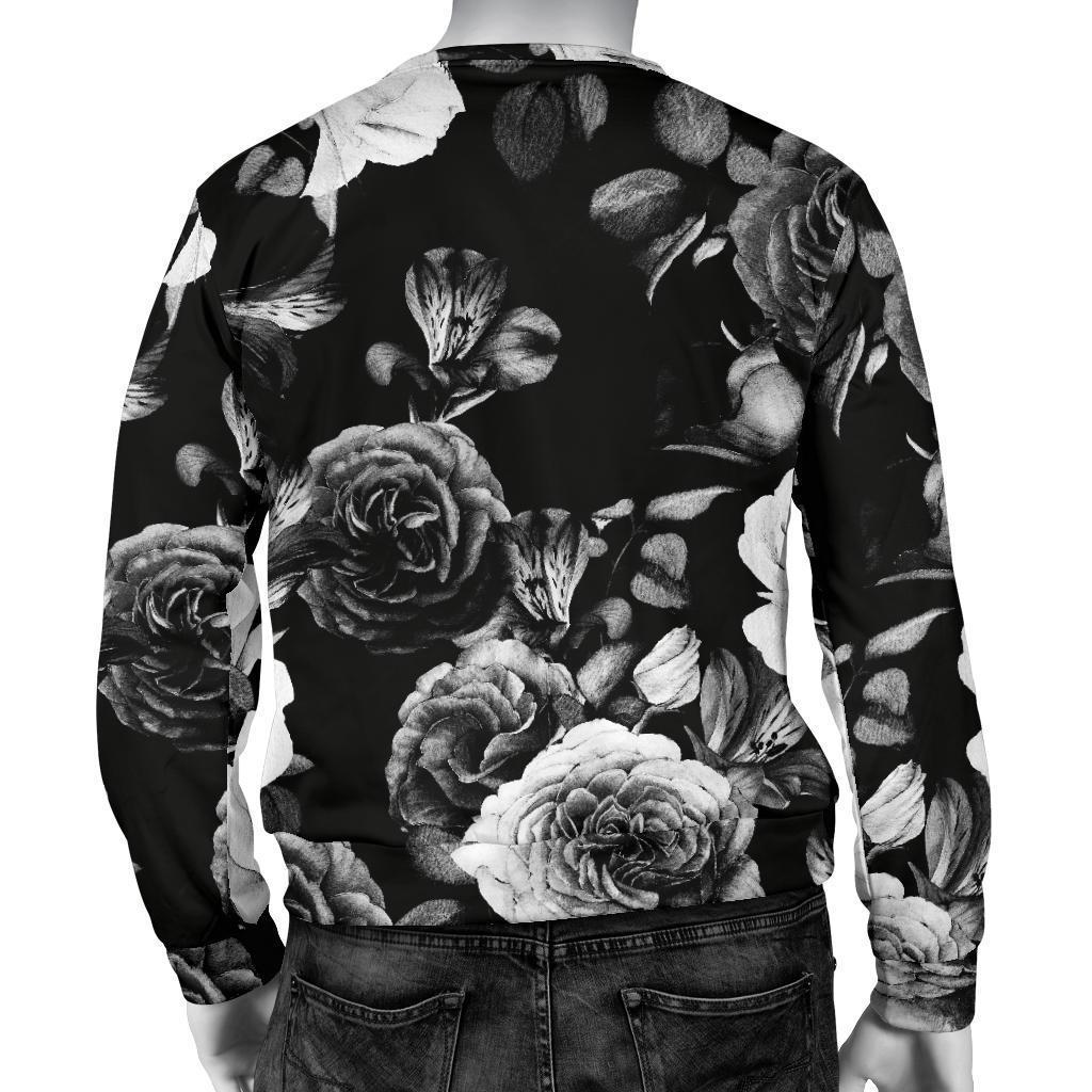 Black White Rose Floral Pattern Print Men's Crewneck Sweatshirt GearFrost