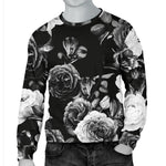 Black White Rose Floral Pattern Print Men's Crewneck Sweatshirt GearFrost