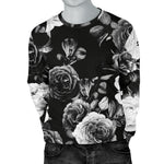 Black White Rose Floral Pattern Print Men's Crewneck Sweatshirt GearFrost