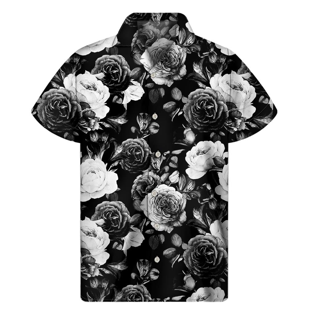 Black White Rose Floral Pattern Print Men's Short Sleeve Shirt