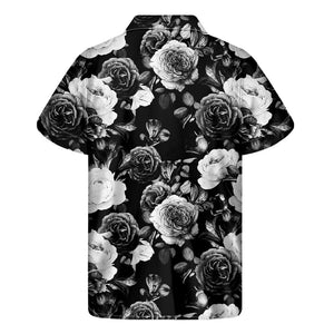 Black White Rose Floral Pattern Print Men's Short Sleeve Shirt