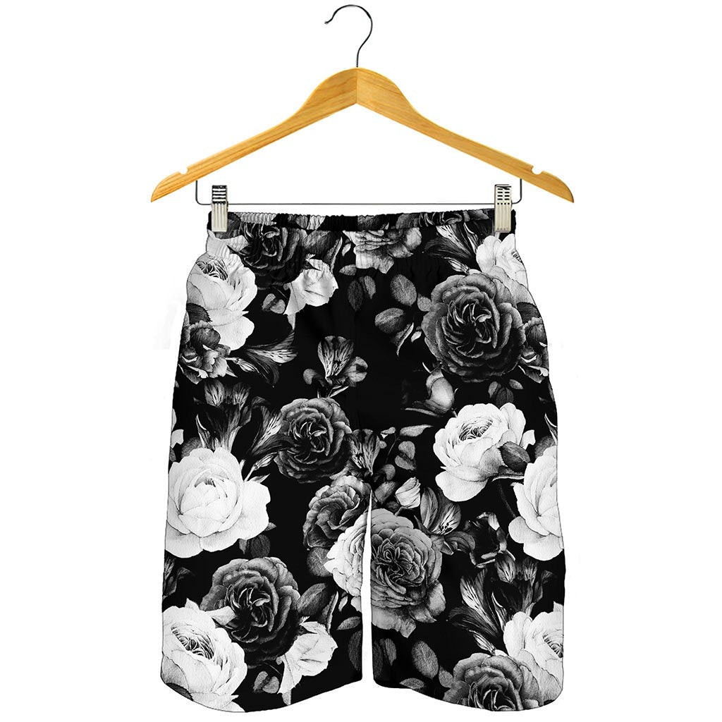 Black White Rose Floral Pattern Print Men's Shorts