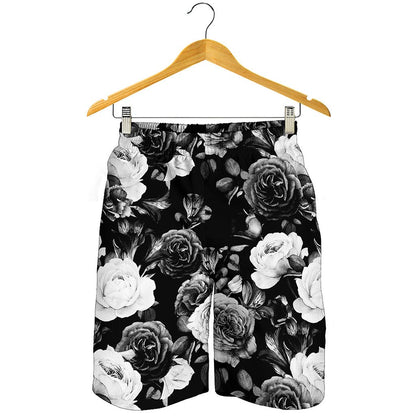 Black White Rose Floral Pattern Print Men's Shorts