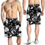 Black White Rose Floral Pattern Print Men's Shorts
