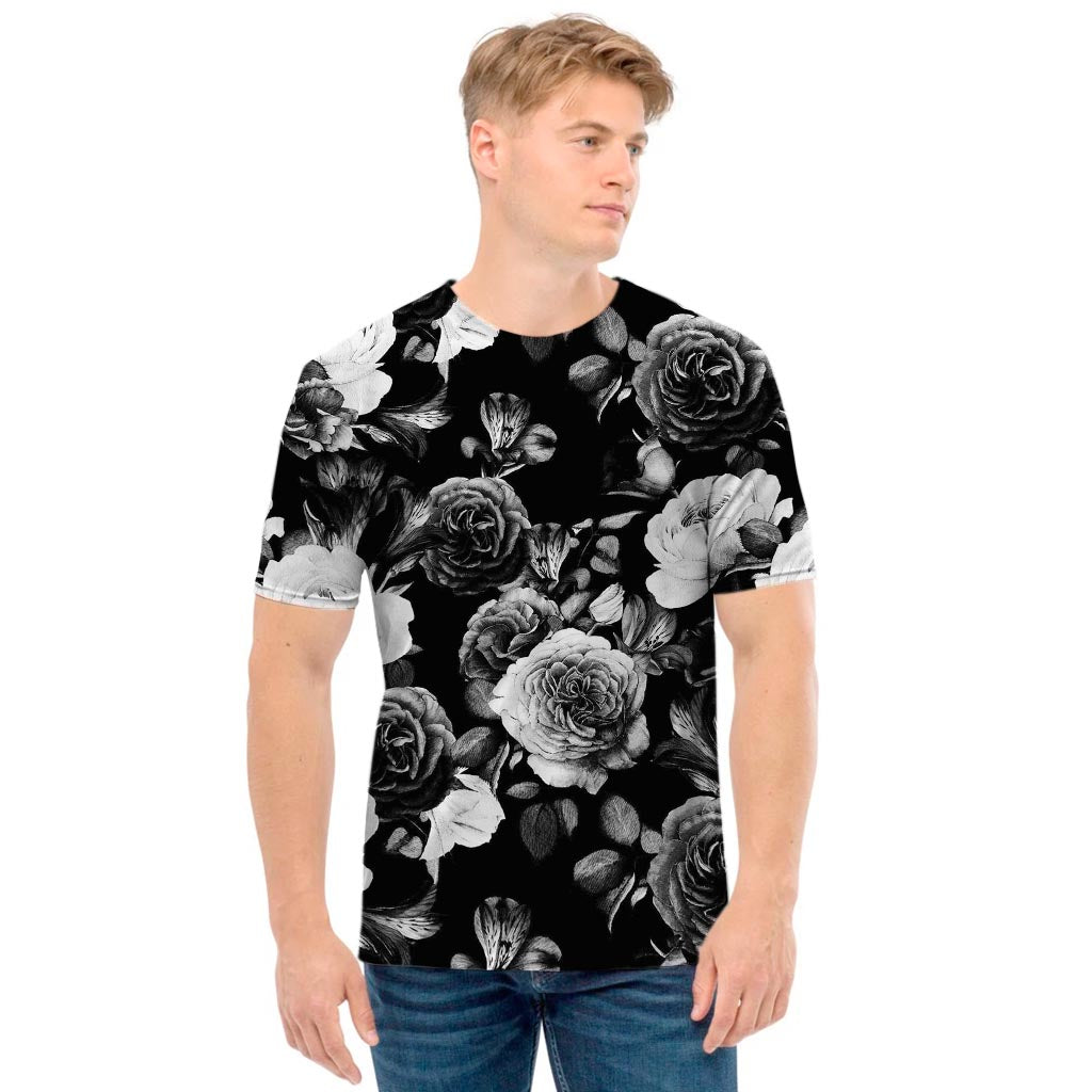 Black White Rose Floral Pattern Print Men's T-Shirt