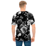 Black White Rose Floral Pattern Print Men's T-Shirt