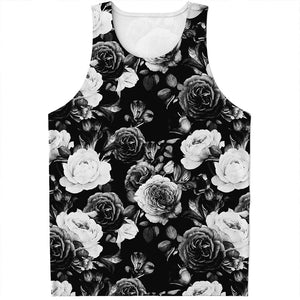 Black White Rose Floral Pattern Print Men's Tank Top