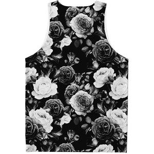Black White Rose Floral Pattern Print Men's Tank Top