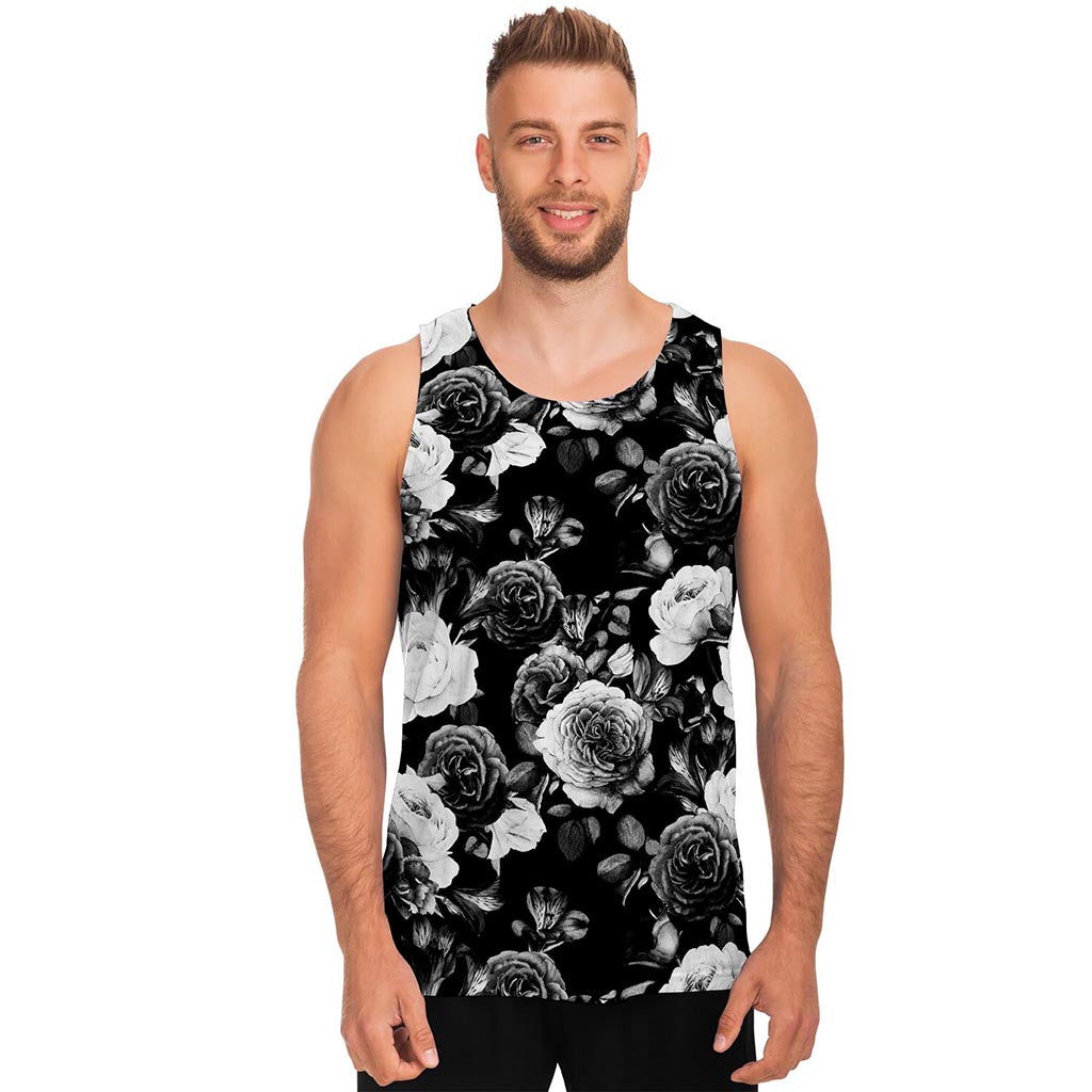 Black White Rose Floral Pattern Print Men's Tank Top