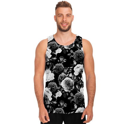 Black White Rose Floral Pattern Print Men's Tank Top
