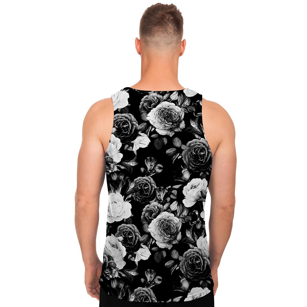 Black White Rose Floral Pattern Print Men's Tank Top