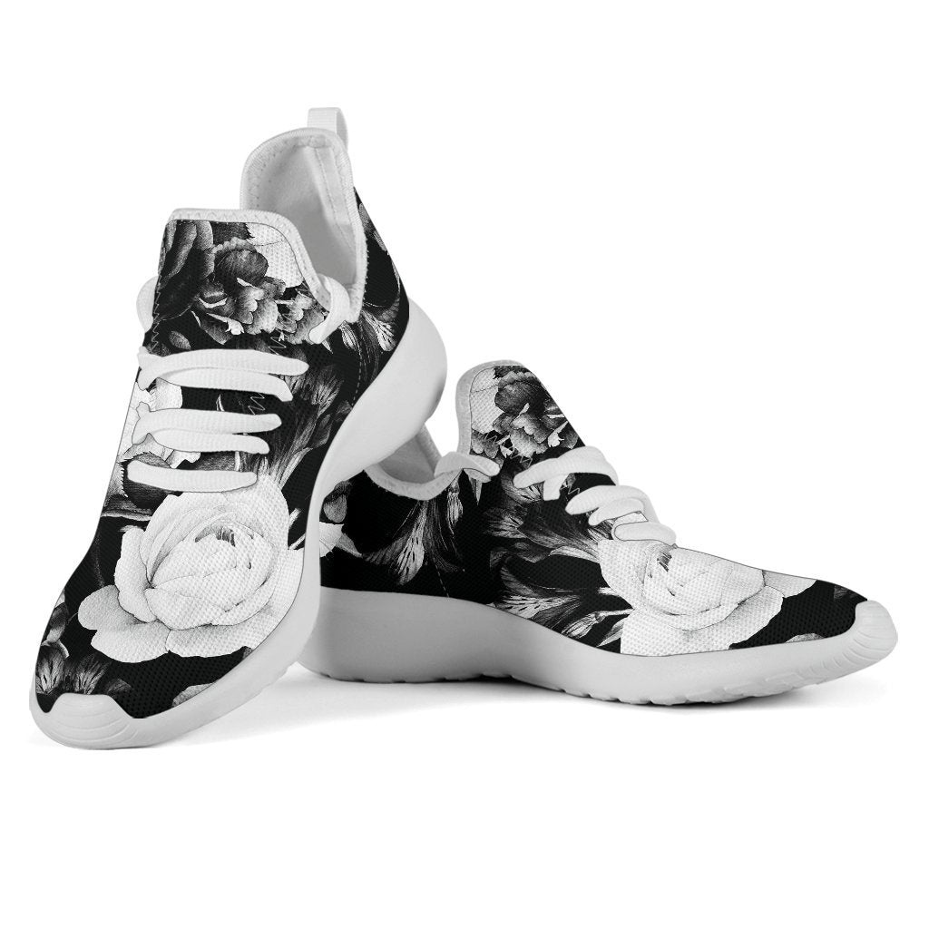 Black White Rose Floral Pattern Print Mesh Knit Shoes GearFrost