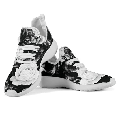 Black White Rose Floral Pattern Print Mesh Knit Shoes GearFrost