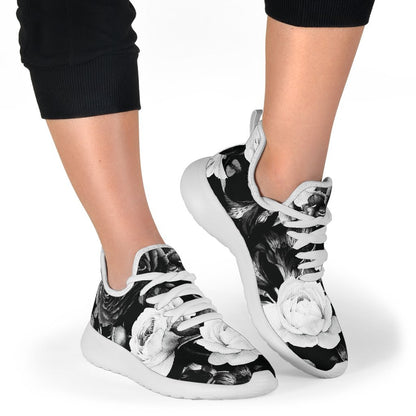 Black White Rose Floral Pattern Print Mesh Knit Shoes GearFrost